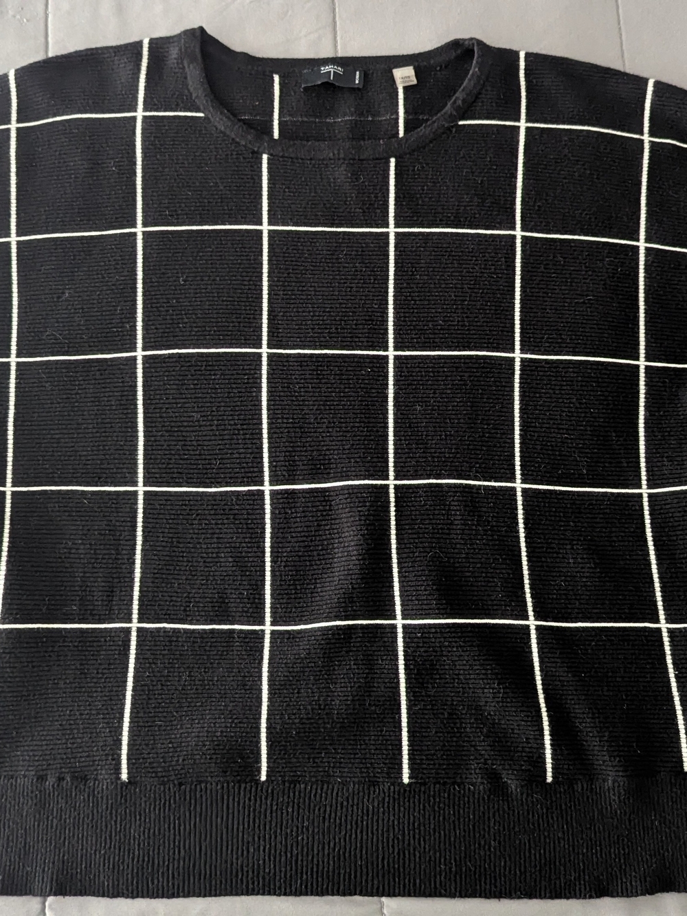 Tahari Black Crewneck Sweater with White Windowpane Grid